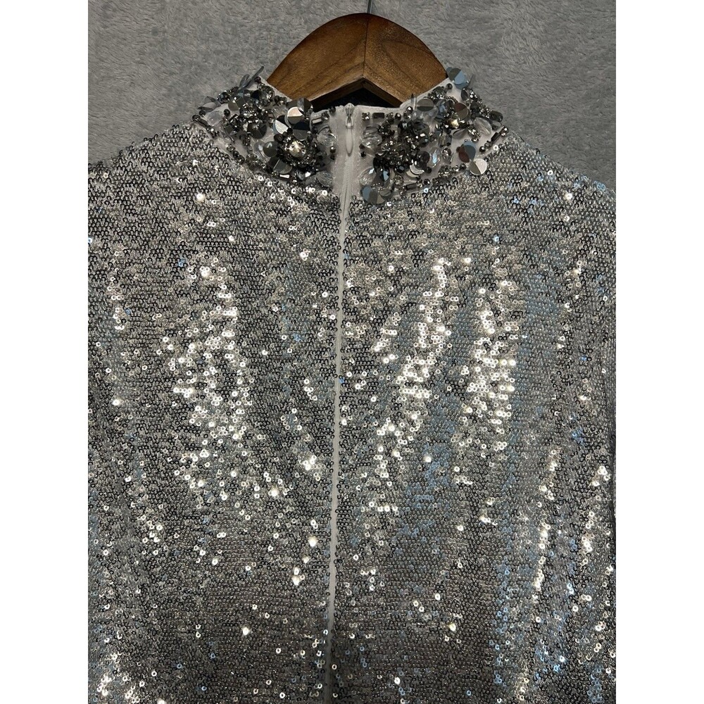 BOSTON PROPER NWOT Silver Sequined Sheath WhiteCocktail Dress - SZ 10 PARTY CHIC - Picture 3 of 11